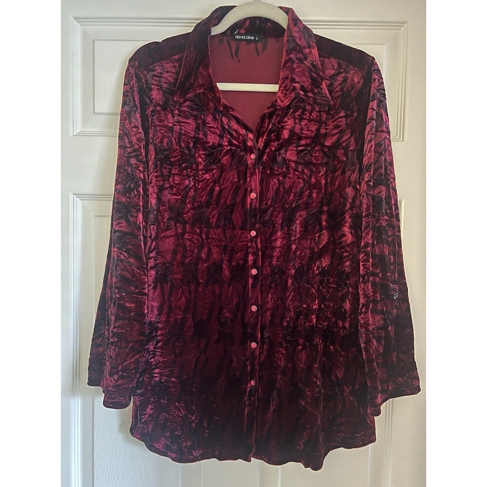 David Cline Burgundy Crushed Velvet Snap Down Shirt Blouse Sz L Boho Artsy USA